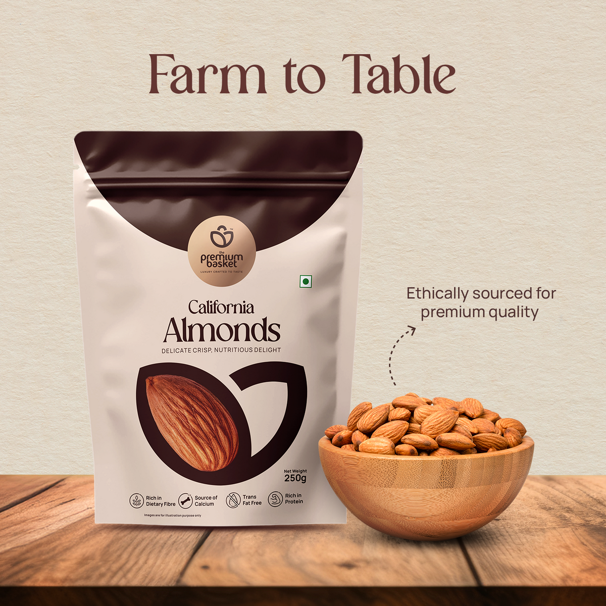 Almonds snack pouch with bowl of almonds on wooden surface, 250g