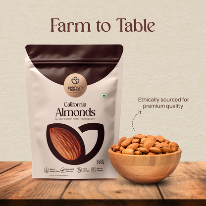 Almonds snack pouch with bowl of almonds on wooden surface, 250g