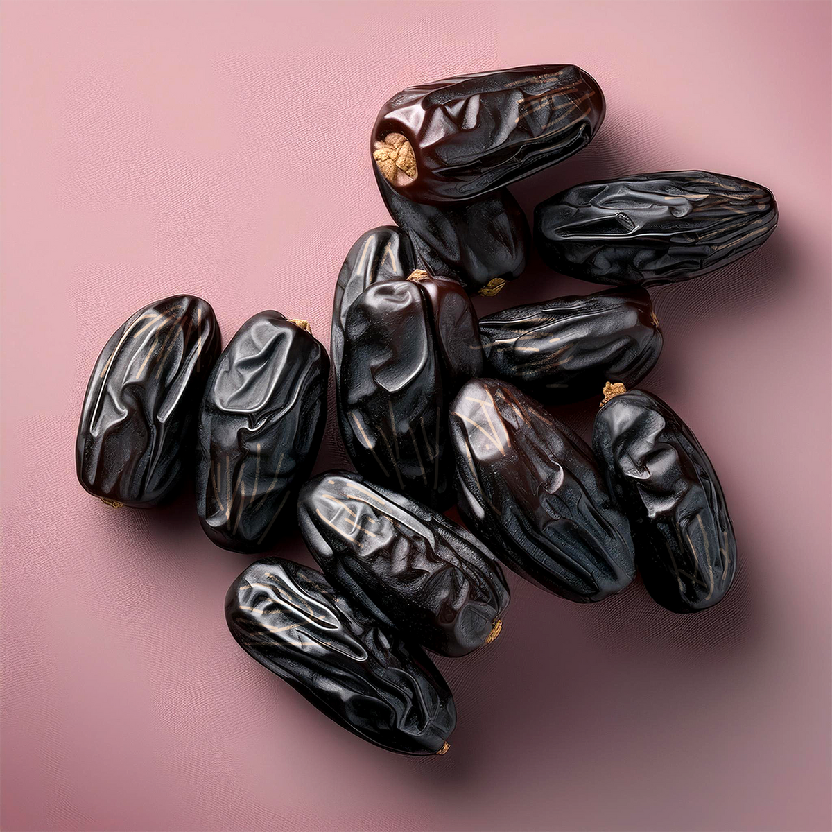 Pile of dark, glossy Ajwa dates with wrinkles and brown seed marks