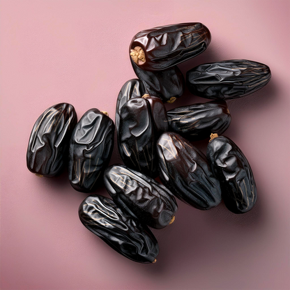 Pile of dark, glossy Ajwa dates with wrinkles and brown seed marks