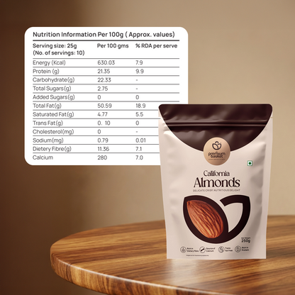 Almonds snack pouch with nutrition information panel, 250g net weight