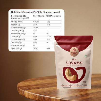 Goa Cashews pouch with visible nutrition information panel