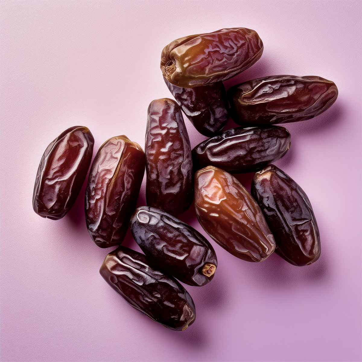 Medjool dates pile, dark glossy oval fruits