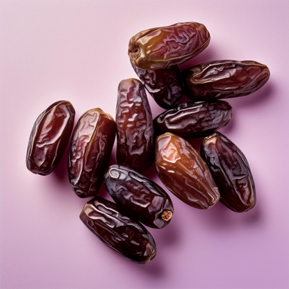 Medjool dates pile, dark glossy oval fruits