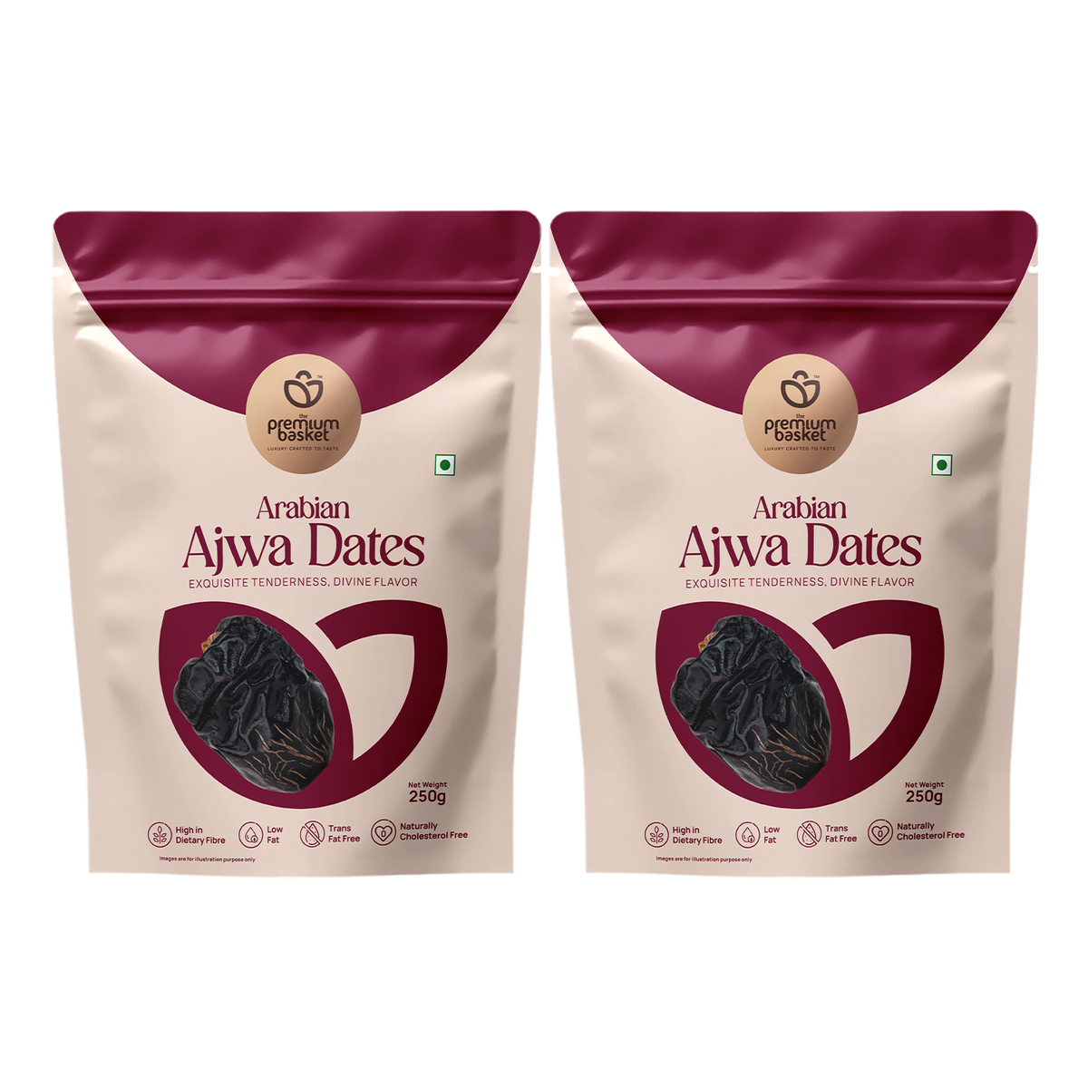 Ajwa dates pack pouches, two front views with dark date fruit