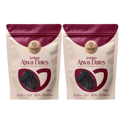 Ajwa dates pack pouches, two front views with dark date fruit