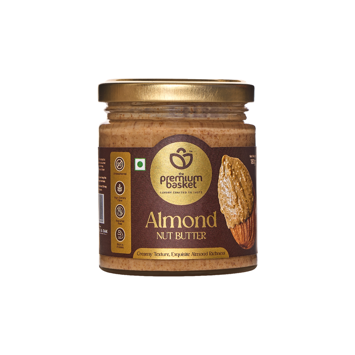 Almond nut butter jar with gold lid and Almond Nut Butter label