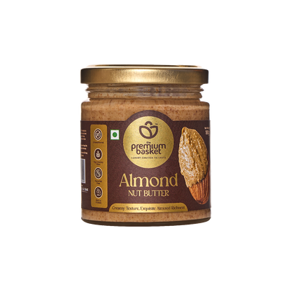 Almond nut butter jar with gold lid and Almond Nut Butter label