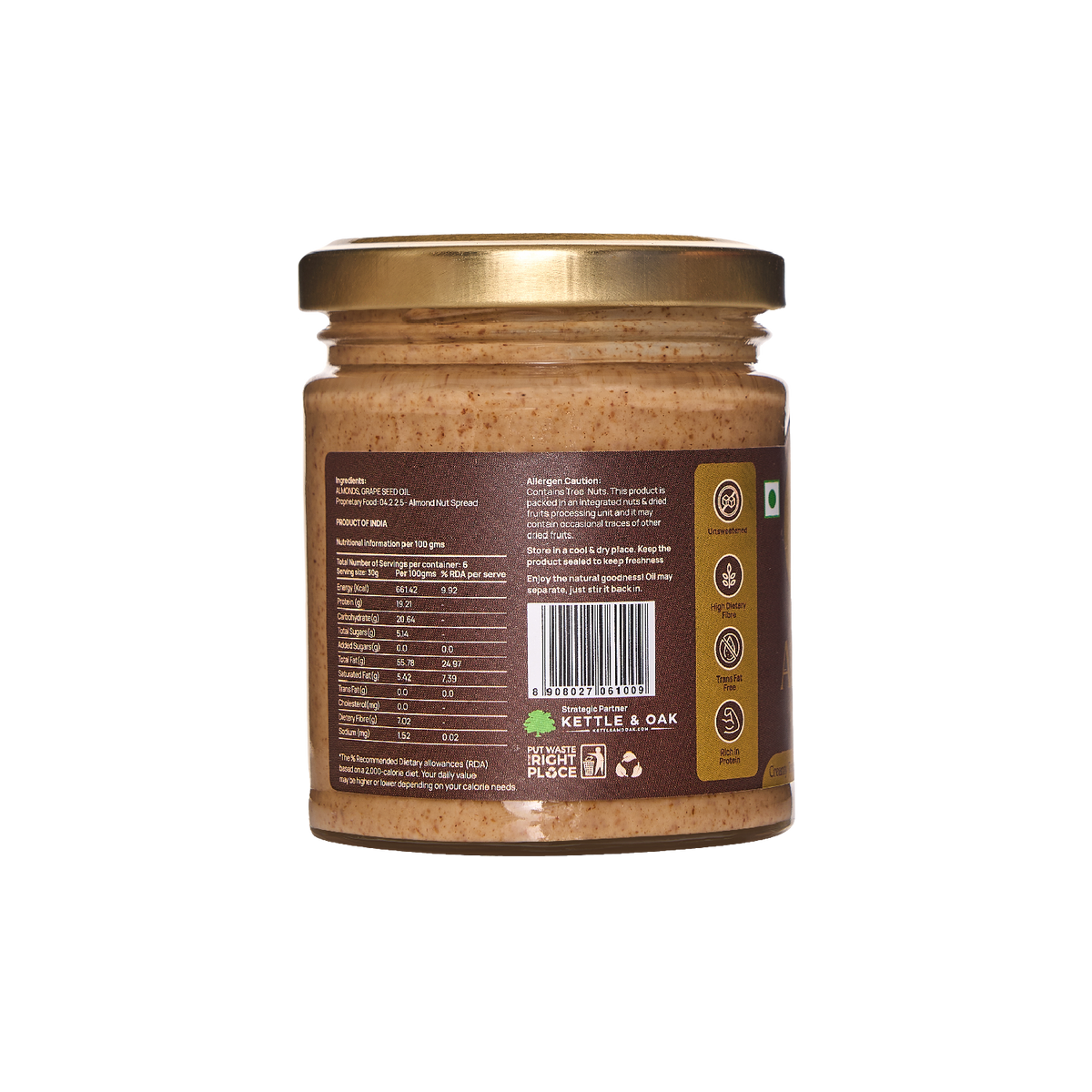 Almond nut butter jar showing back label with ingredients and barcode