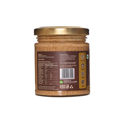 Almond nut butter jar showing back label with ingredients and barcode