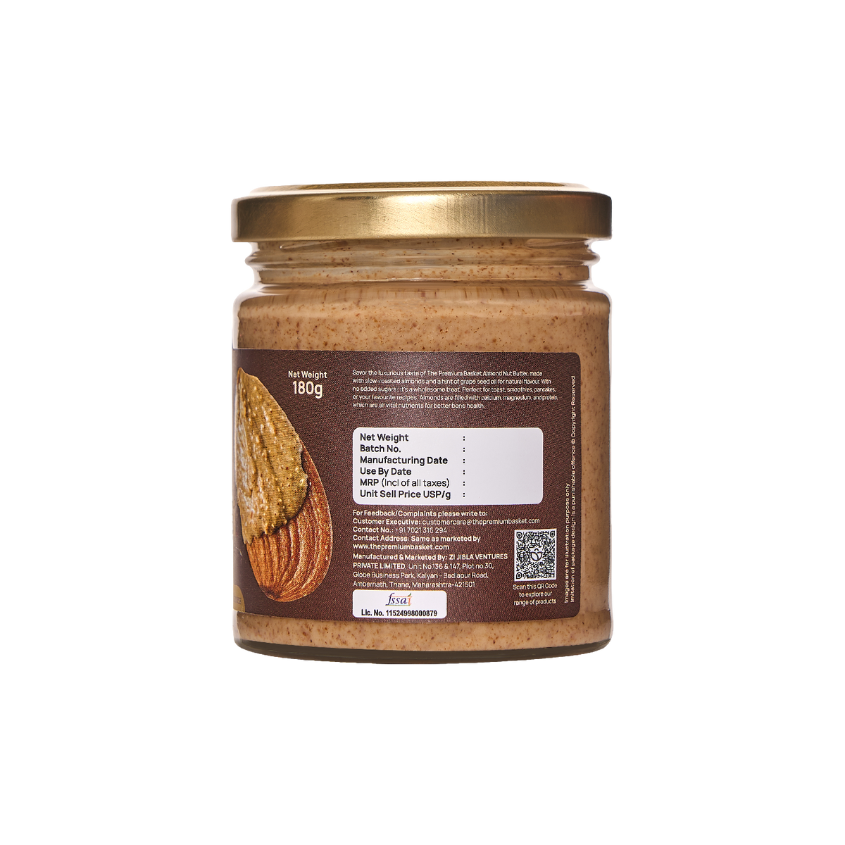 Almond nut butter jar showing back label with nutrition and barcode panel