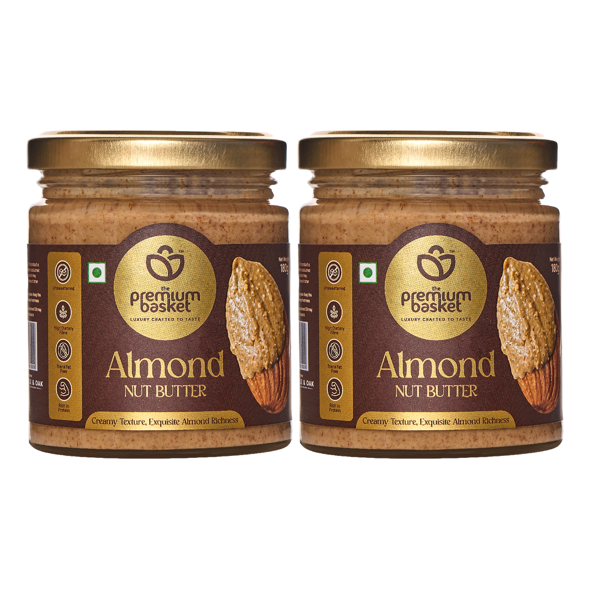 Two almond nut butter jars with gold lids
