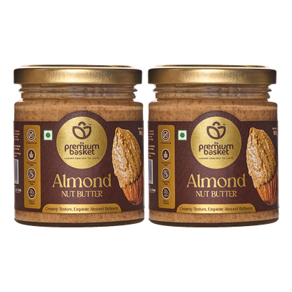 Two almond nut butter jars with gold lids