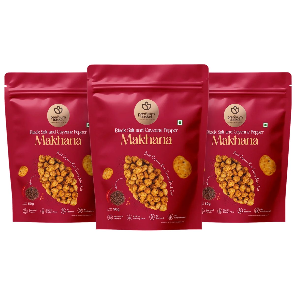 Three red Makhanana snack pouches in a row
