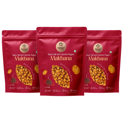 Three red Makhanana snack pouches in a row