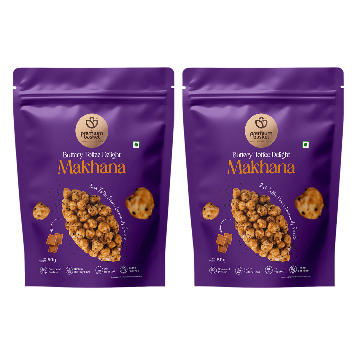 Two purple makhana snack pouches side by side