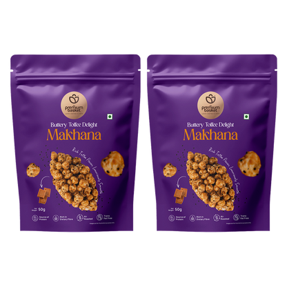 Two purple makhana snack pouches side by side