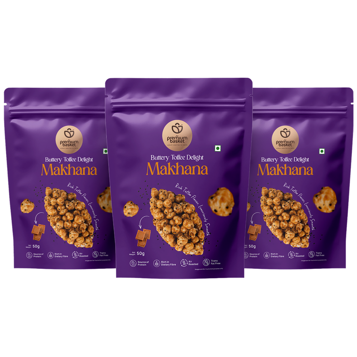 Three purple makhana snack pouches arranged in a row