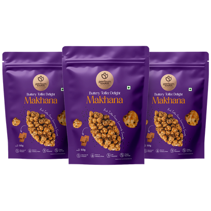 Three purple makhana snack pouches arranged in a row