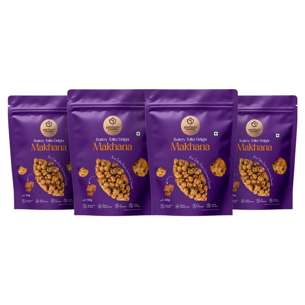 Four purple makhana snack pouches lined up