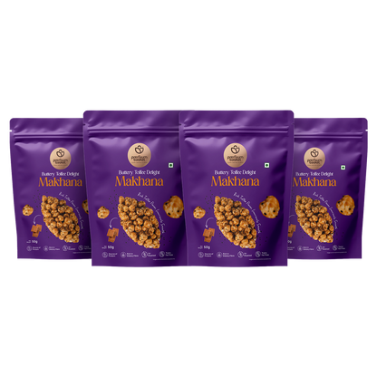 Four purple makhana snack pouches lined up