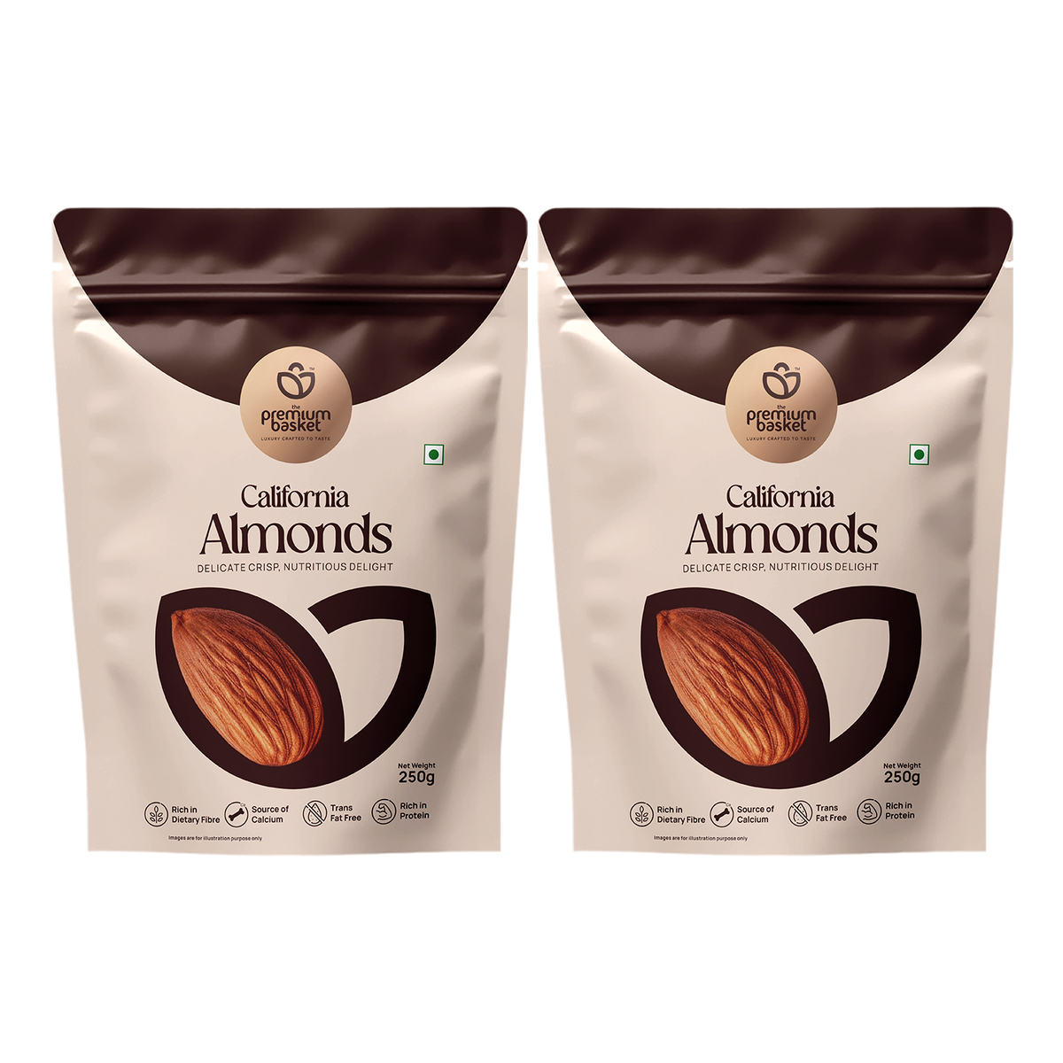 Almonds snack pouches, white and dark brown with almond logo, 250g, two-pack view