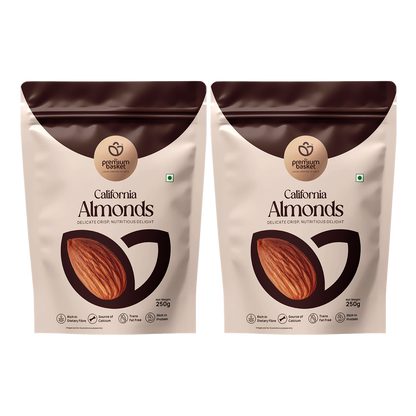 Almonds snack pouches, white and dark brown with almond logo, 250g, two-pack view