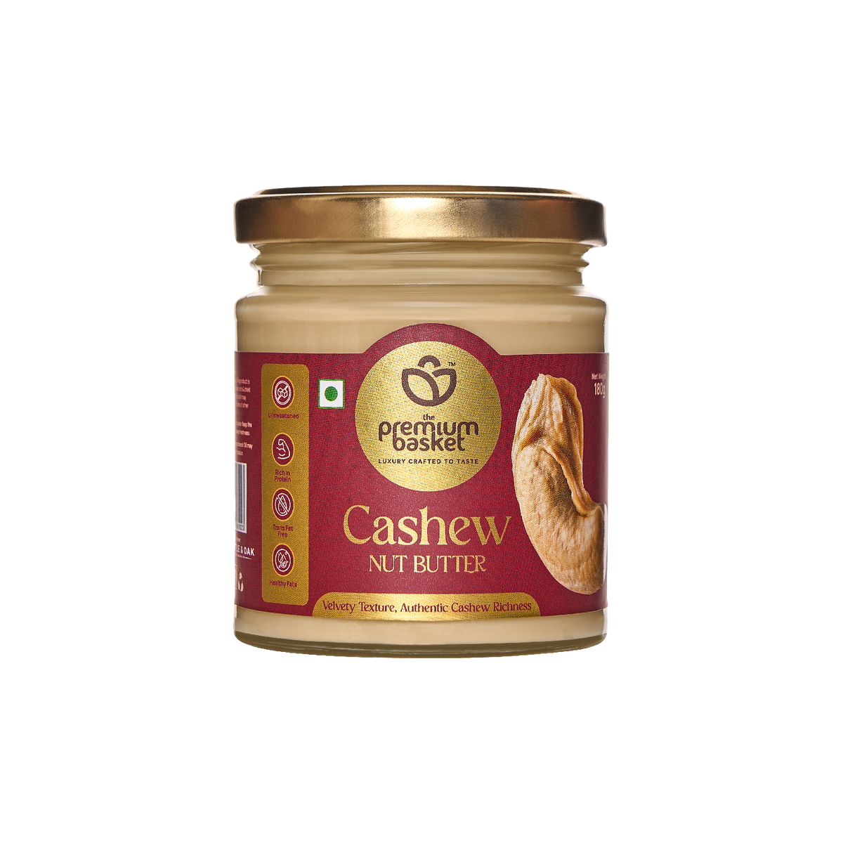 Cashew nut butter jar with gold lid and creamy beige contents
