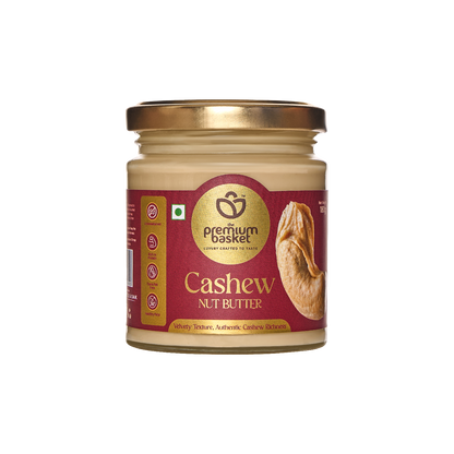Cashew nut butter jar with gold lid and creamy beige contents