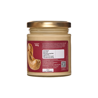 Cashew nut butter jar back label with ingredients and net weight info