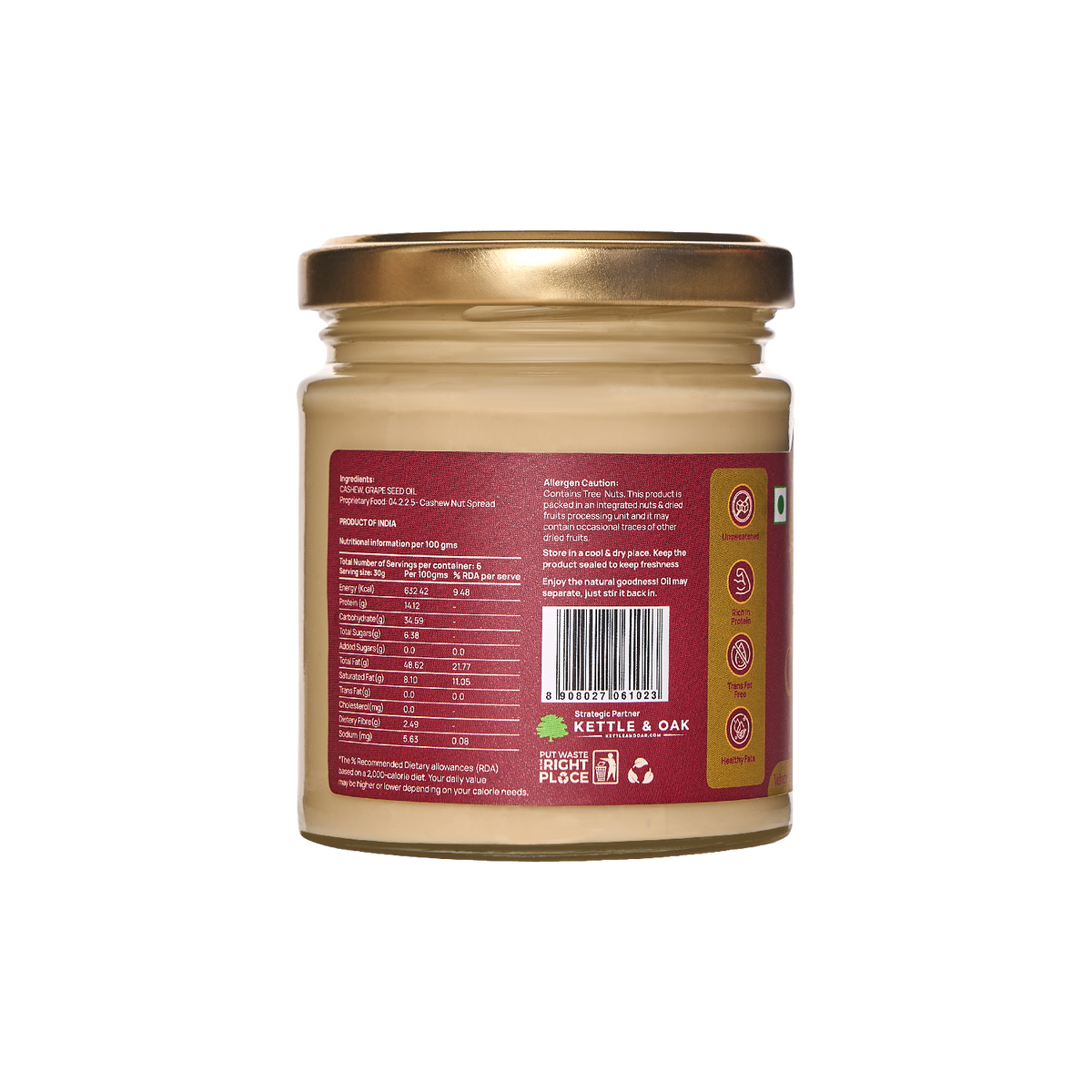 Cashew nut butter jar back label showing nutrition panel and barcode