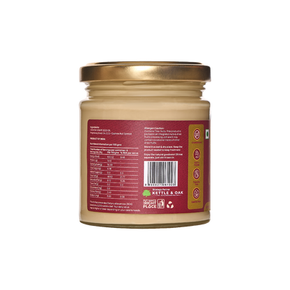 Cashew nut butter jar back label showing nutrition panel and barcode