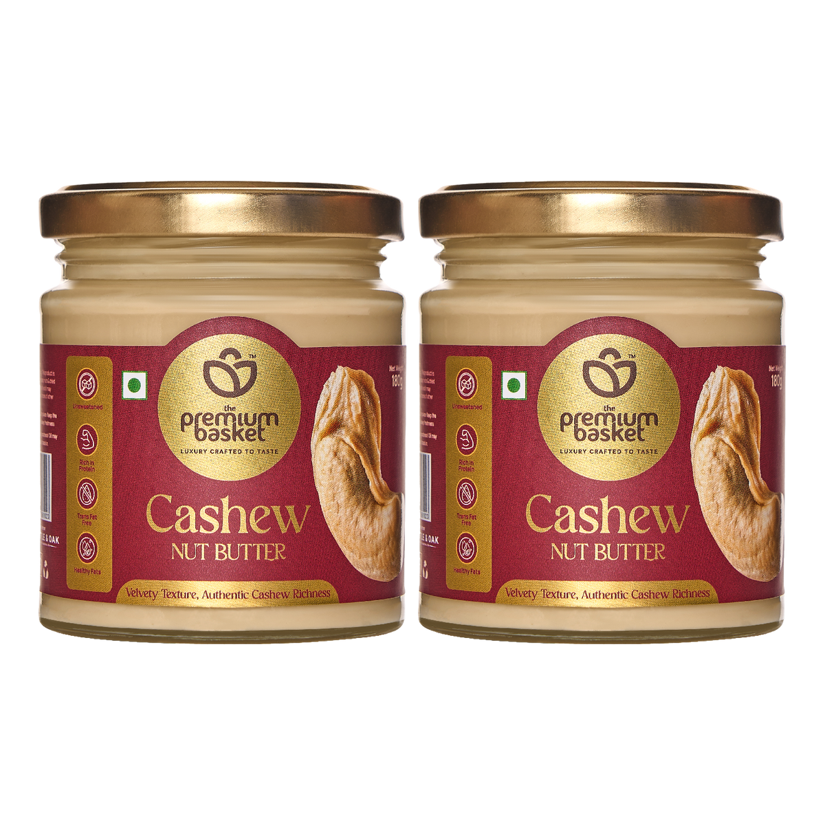 Two cashew nut butter jars with gold lids side by side