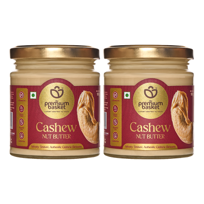 Two cashew nut butter jars with gold lids side by side