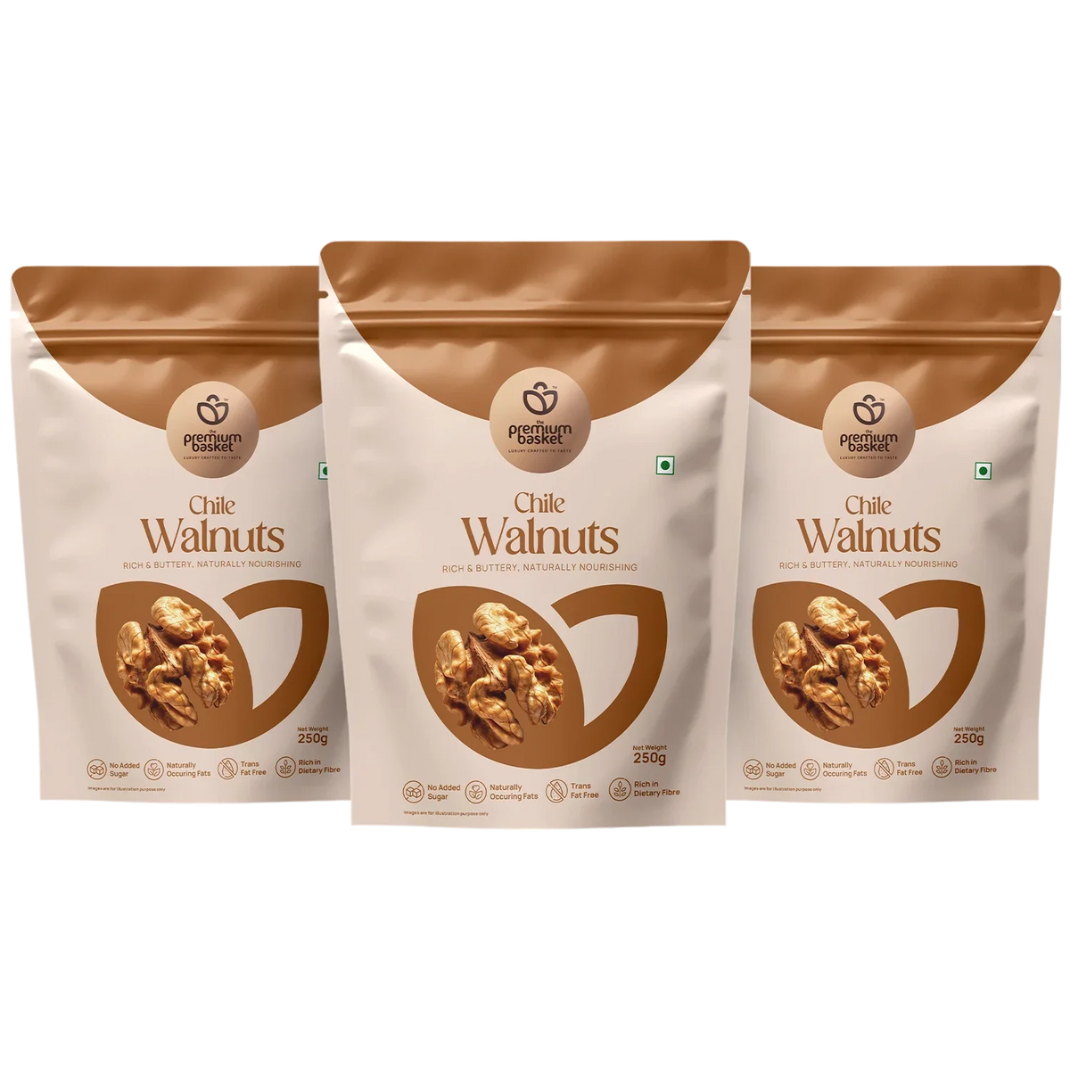 3-pack Chile walnut stand-up pouches, white with brown tops and walnut graphic