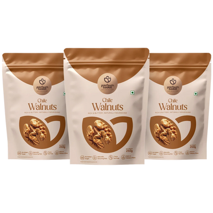3-pack Chile walnut stand-up pouches, white with brown tops and walnut graphic