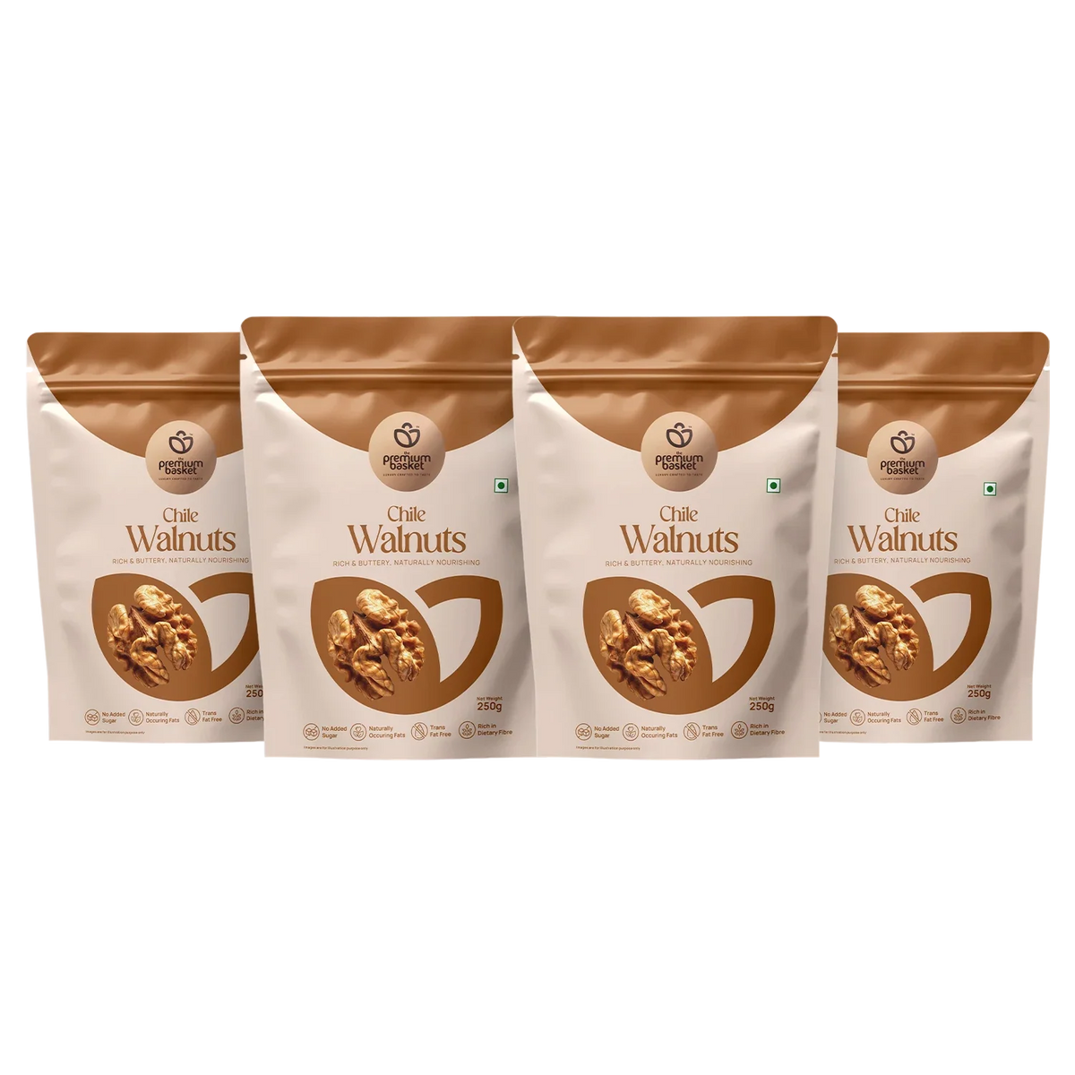 4-pack Chile walnut stand-up pouches, white with brown tops and walnut graphic