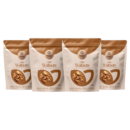 4-pack Chile walnut stand-up pouches, white with brown tops and walnut graphic