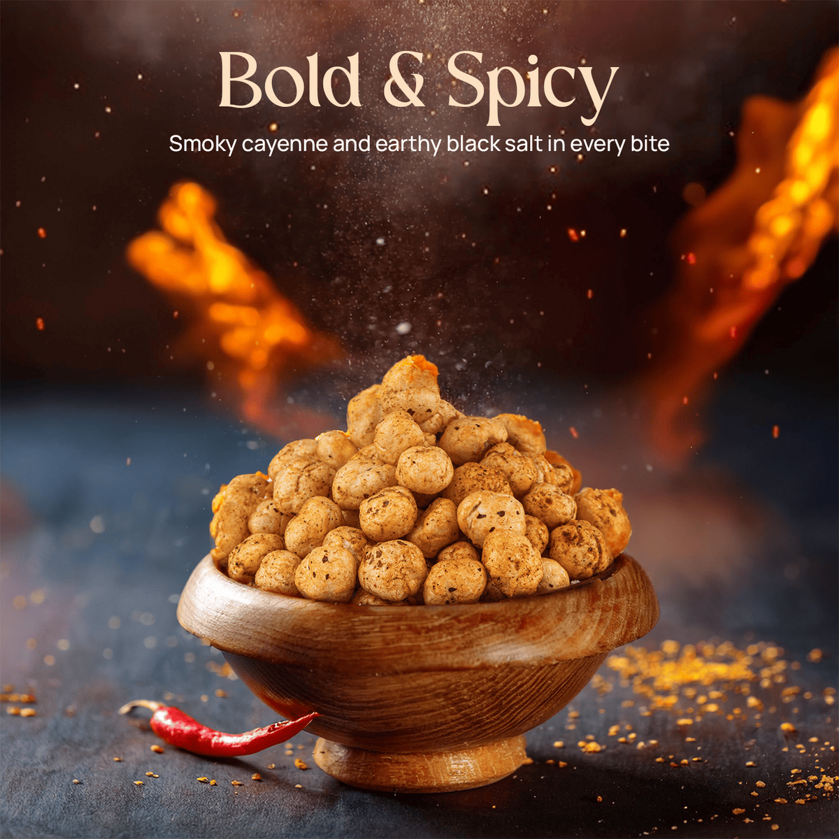 Roasted makhana snack in a wooden bowl with cayenne pepper and black salt dust