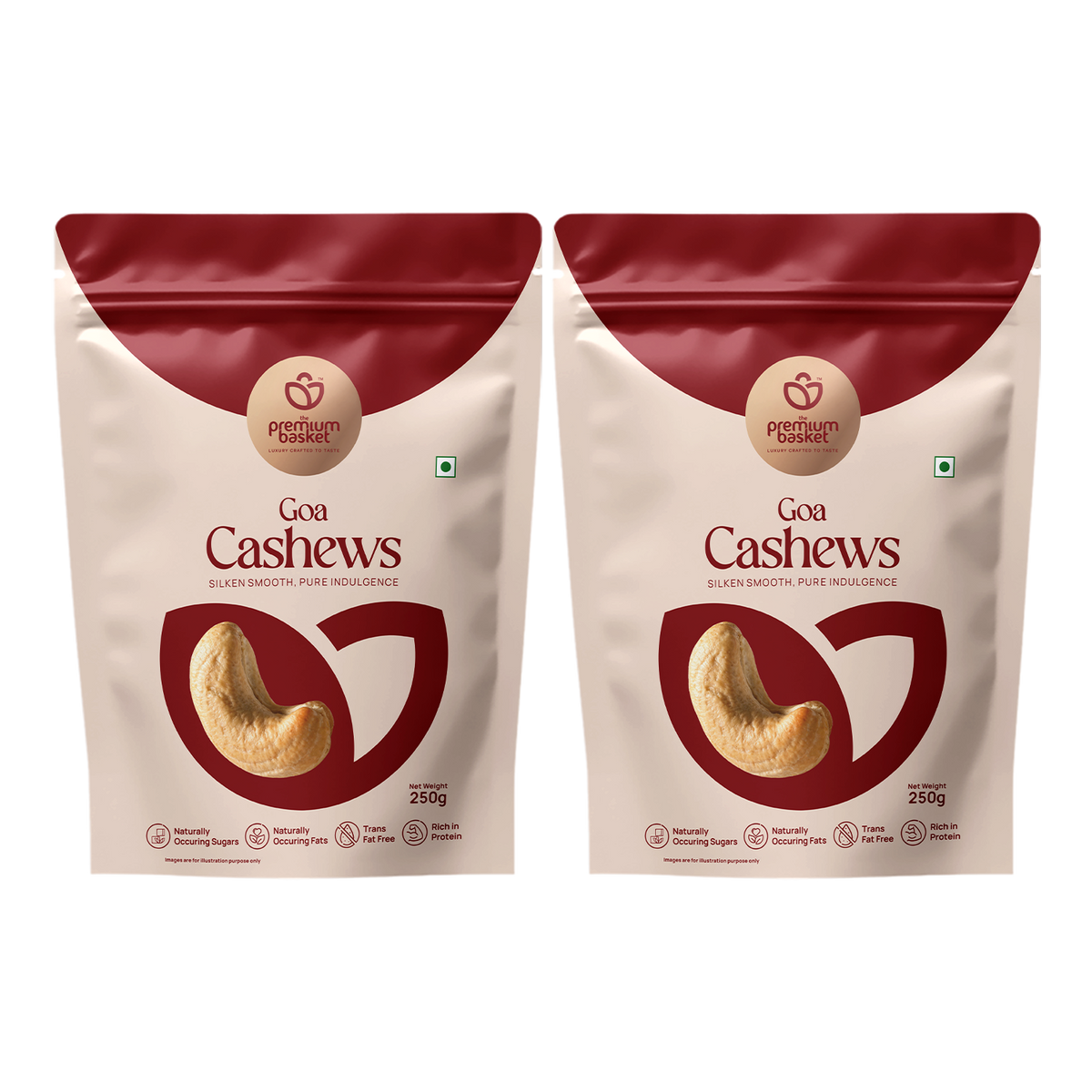 Two Goa Cashews pouches side by side