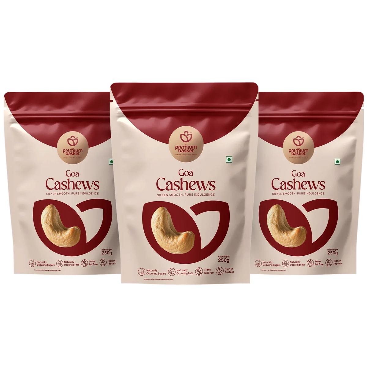 Cashew nuts pouches multipack, red and white, 250 g labels