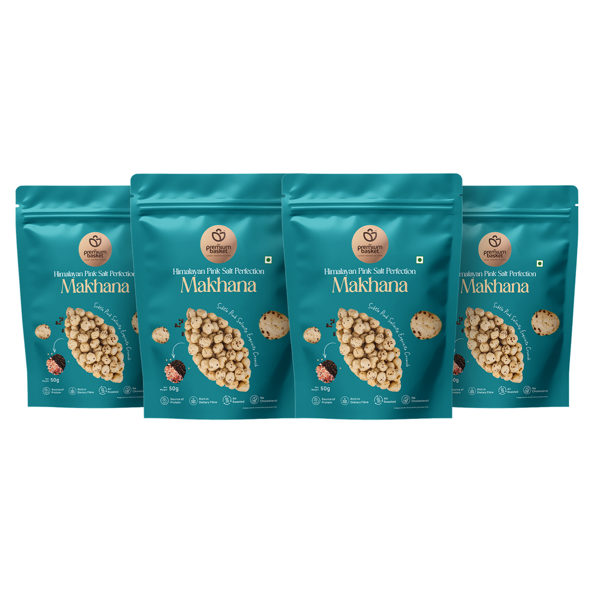 Four turquoise makhana snack pouches, front views arranged in a row