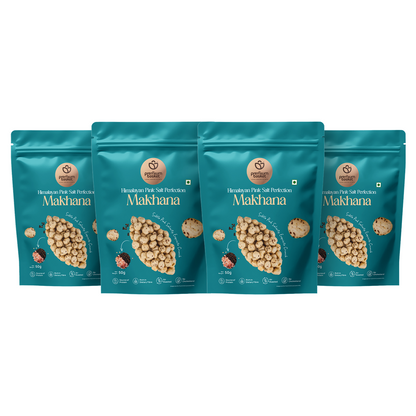 Four turquoise makhana snack pouches, front views arranged in a row