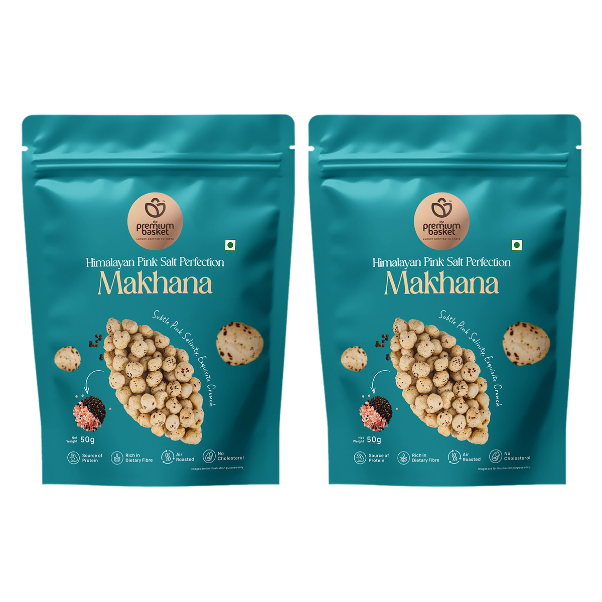 Two turquoise makhana snack pouches, front view with puffed lotus seed graphics