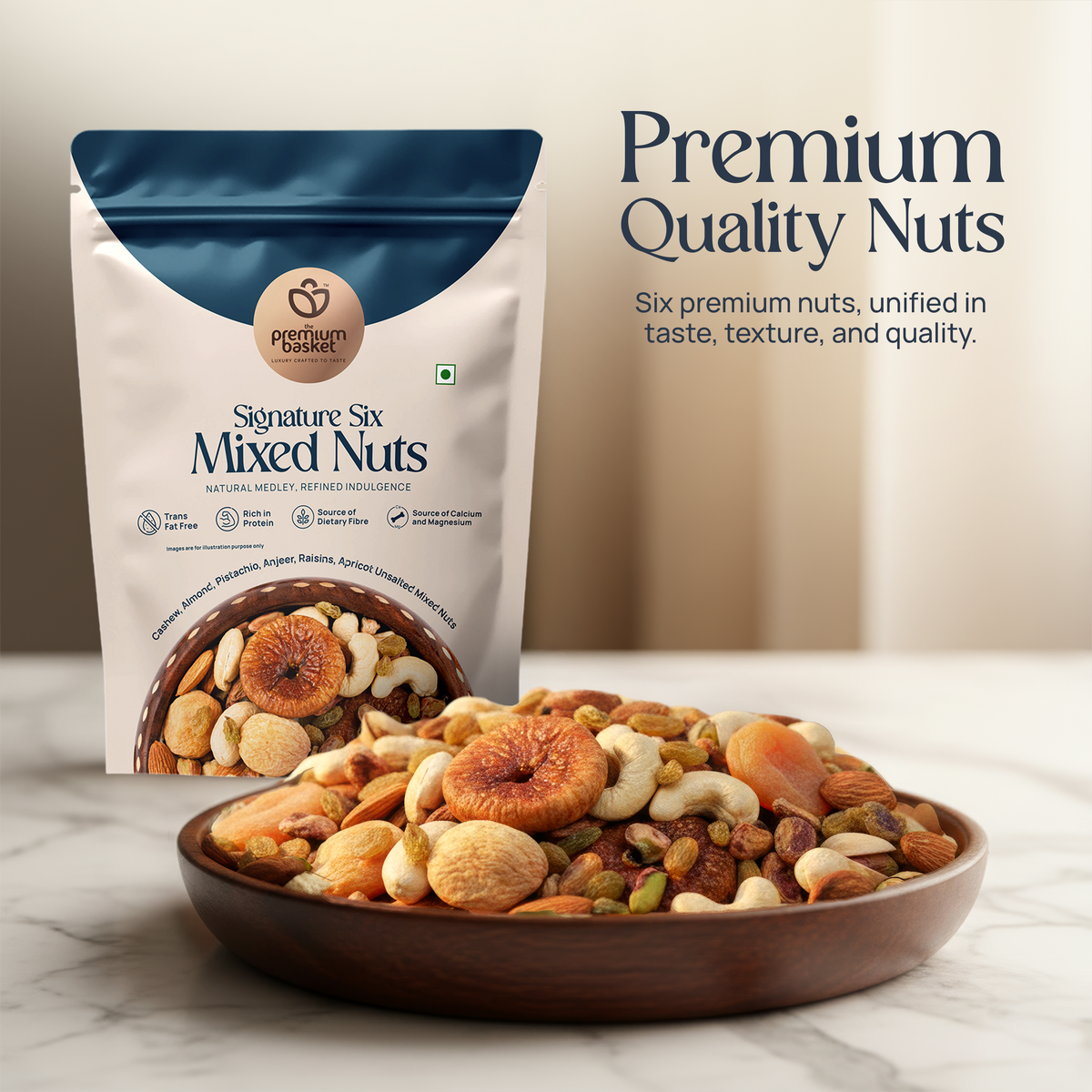 Mixed nuts pouch with blue-and-white packaging, front view