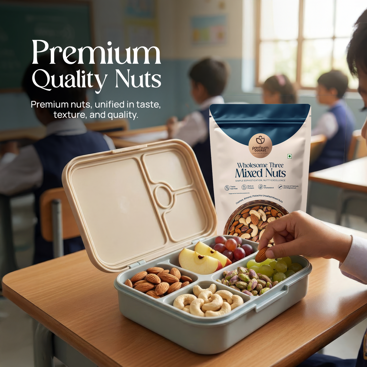 Mixed nuts pouch with front label, shown beside a covered lunch tray