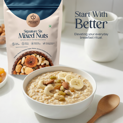 Mixed nuts pouch with bowl of assorted nuts beside it