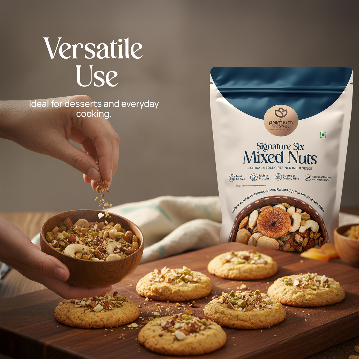 Mixed nuts pouch with hand holding nuts over cookies