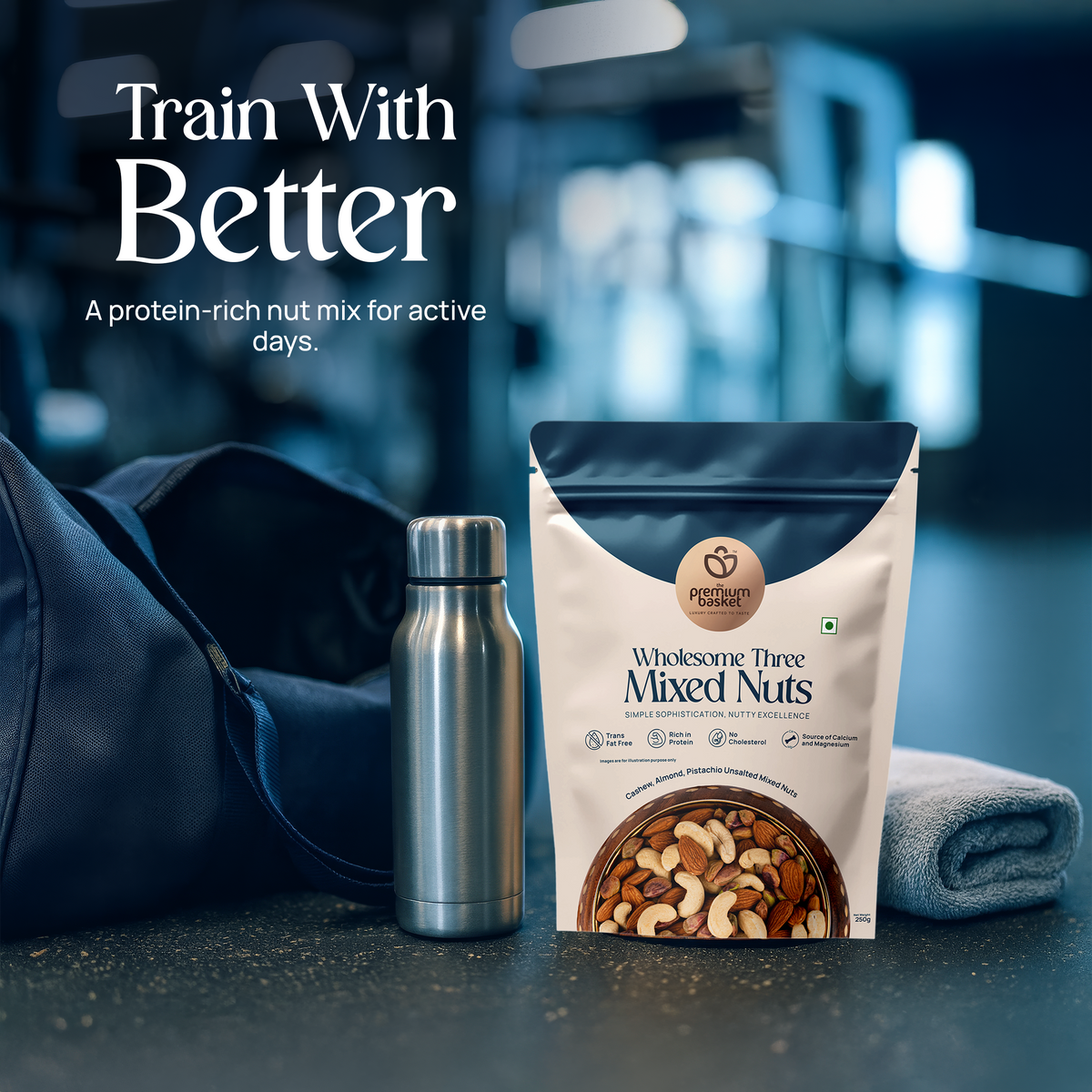 Mixed nuts pouch with front label, placed next to a reusable water bottle
