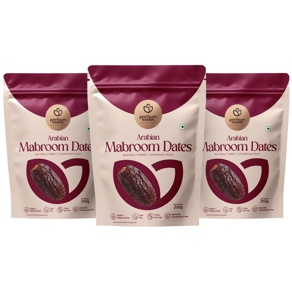 Pack of 3 Mabroom dates pouches, burgundy and beige stand-up bags